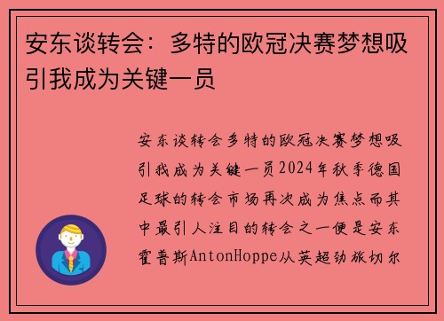 安东谈转会：多特的欧冠决赛梦想吸引我成为关键一员