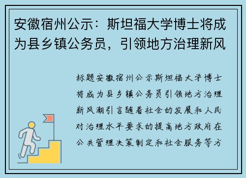 安徽宿州公示：斯坦福大学博士将成为县乡镇公务员，引领地方治理新风潮