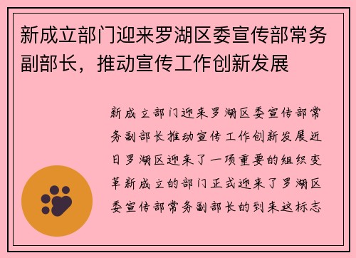 新成立部门迎来罗湖区委宣传部常务副部长，推动宣传工作创新发展
